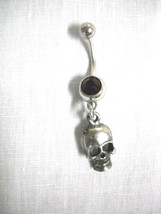 Wicked Human Cranium Skull Head Dangling Pewter Charm 14g Black Cz Belly Ring - £6.38 GBP