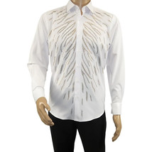 Men CEREMONIA Turkey Shirt 100% Cotton Fancy Rhine Stone #Roma 13 White Slim Fit - $59.99