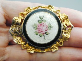 Ornate Vintage Gold Tone Guilloche Enamel Pin Hand Painted Roses - £23.58 GBP