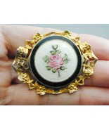 Ornate Vintage Gold Tone Guilloche Enamel Pin Hand Painted Roses - $29.99