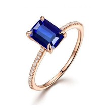 2Ct Emerald Cut Lab-Created Blue Sapphire &amp; Cz Engagement Ring in 925 Silver - £79.11 GBP