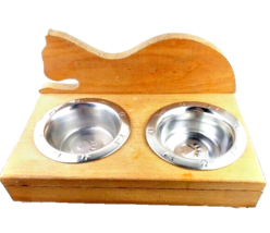 Wooden Elevated Pet Kitty Bowl Holder and Metal Bowls - £27.19 GBP