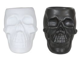 Set Of 2 Black And White Gothic Skull Skeleton Ceramic Votive Candle Oil... - €27,46 EUR
