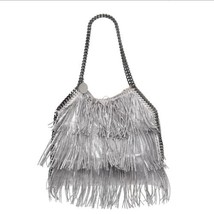Stella McCartney Metallic Silver Falabella Tote Shaggy Tiered Fringe Veg... - $712.80