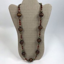 Vintage Hand Made Necklace Long Wood Glass Unakite Polished Stone Beads Boho - £23.73 GBP