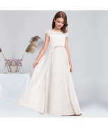 A-line Scoop Floor-Length Chiffon Lace Satin Junior First Communion Dress - £99.99 GBP
