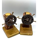 Vtg Nautical Ship Wheel Bookends Brass Wood Maritime - $1,616.92 MXN