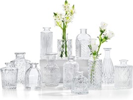 12 Small Glass Bud Vases For Centerpieces, Clear Vintage Bud Vases In Bulk For - £32.88 GBP