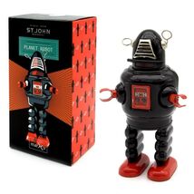 PLANET ROBOT 5.5" Wind Up Tin Toy Saint St. John Black Collectible Retro... - $29.95