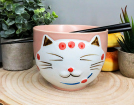 Ebros Whimsical Ceramic Pink Lucky Meow Cat Ramen Noodle Bowl and Chopsticks Set - £16.03 GBP