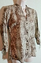 Geoffrey Beene Sport Blouse Top 100% Cotton Beige Sz 8 3/4 Sleeve Floral Print - £9.58 GBP