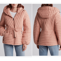 BCBGeneration Diagonal Seam Puffer Hooded Jacket Coral Pink Size Medium ... - £87.91 GBP
