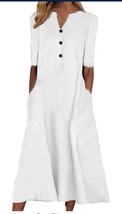 Women Summer Dresses Short Sleeve V-Neck Solid Knee-Length Dress- XL  White - $26.91 CAD