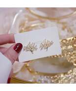 S925 Silver Needle Exquisite Zircon 14k Real Gold Leaf Shape Exquisite E... - $166.38 MXN
