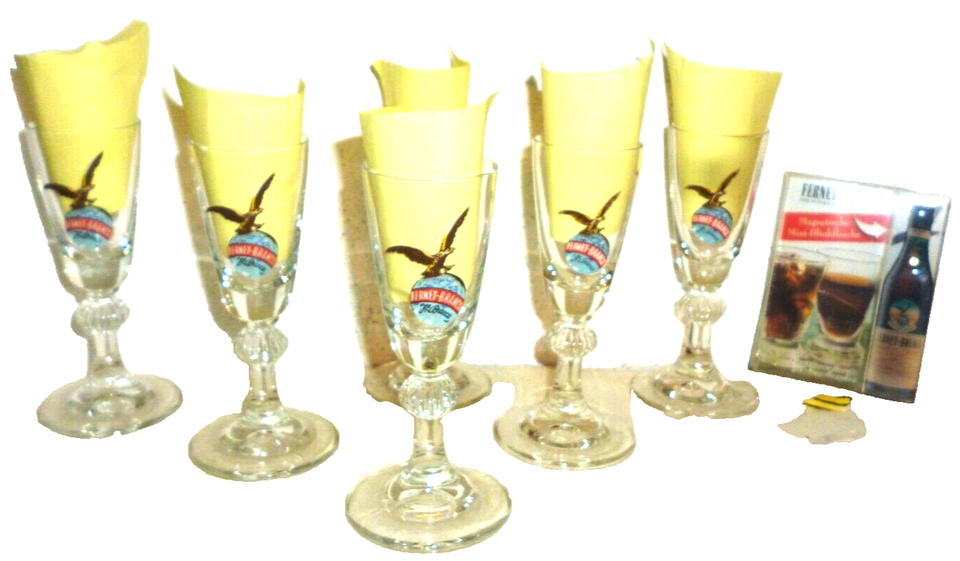 6 Fernet Branca Vintage Stemmed Shot Glasses &amp; 1 Bottle Bin - $89.95