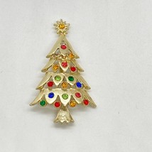 Vintage Christmas Tree Brooch Pin Goldtone Multi Color Rhinestones Star ... - £10.04 GBP