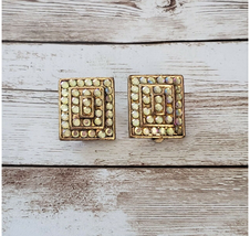 Vintage Clip On Earrings - Gold Tone and Iridescent Gem Layered Rectangle - $13.99