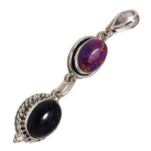 Goldstone with Purple Turquoise Gemstone 925 Silver Handmade Double Drop Pendant - £7.98 GBP