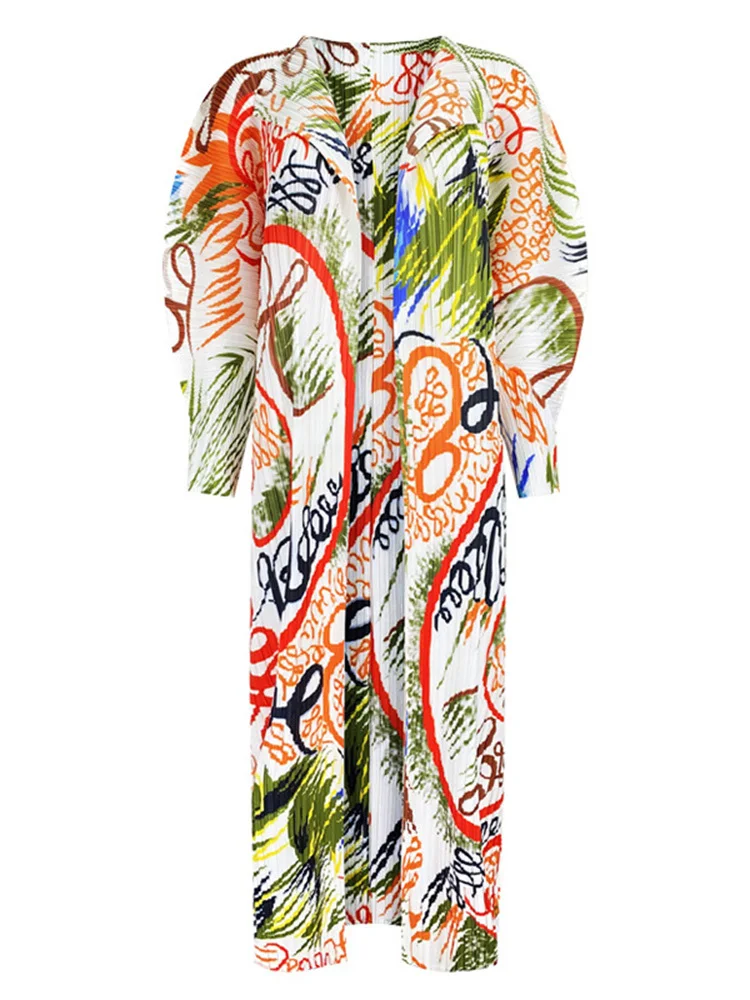  Pleated Jacket Colorful Print Cardigan Puff Sleeve Midi Casual Style Trench Coa - £233.74 GBP