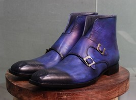 New Men&#39;s Handmade Leather Boots Purple Leather High Ankle Double Monk  - $152.99