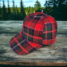 Vintage RARE Hat Wool Plaid Made in USA Adult Medium Cap Red Ear Flaps - £45.83 GBP