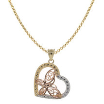 Genuine 14k Tri-tone Gold 0.98&quot; Diamond-cut Butterfly Heart Necklace 16&quot;-22&quot; - £231.07 GBP+