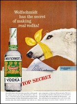 Wolfschmidt&#39;s Vodka PRINT AD White Dog with Ribbon Around Mouth &quot;Top Sec... - $139.27 MXN
