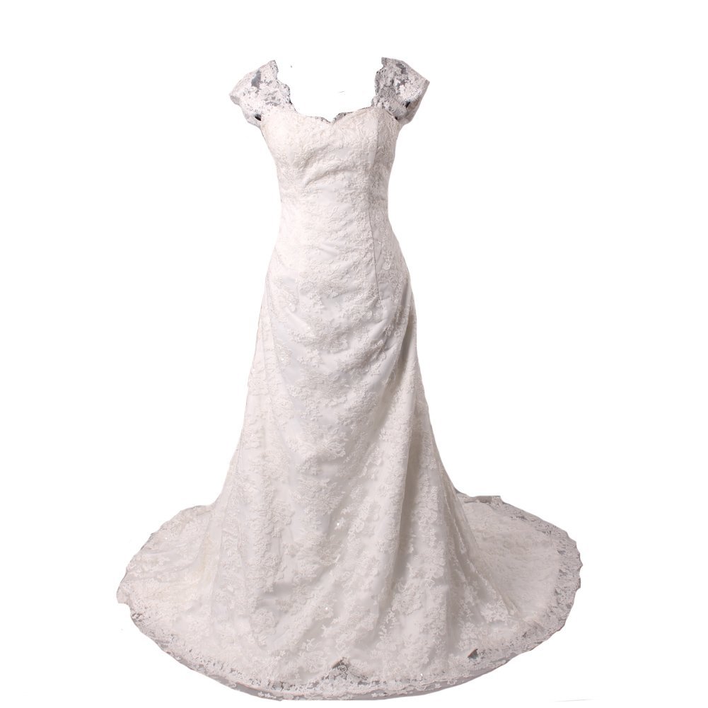 Kivary Women's A Line Lace White Wedding Dresses with Sheer Cap Sleeves US 18W