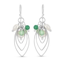 Gypsy Chic Rippled Mobile Green Agate &amp; Pearls Marquise Sterling Silver Earrings - £25.39 GBP