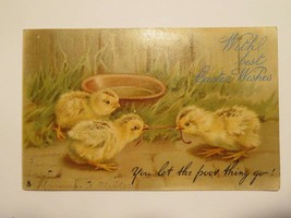 Antique Tuck &amp; Sons Easter Postcard Easter Wishes with Chicks pulling on worm - £6.59 GBP