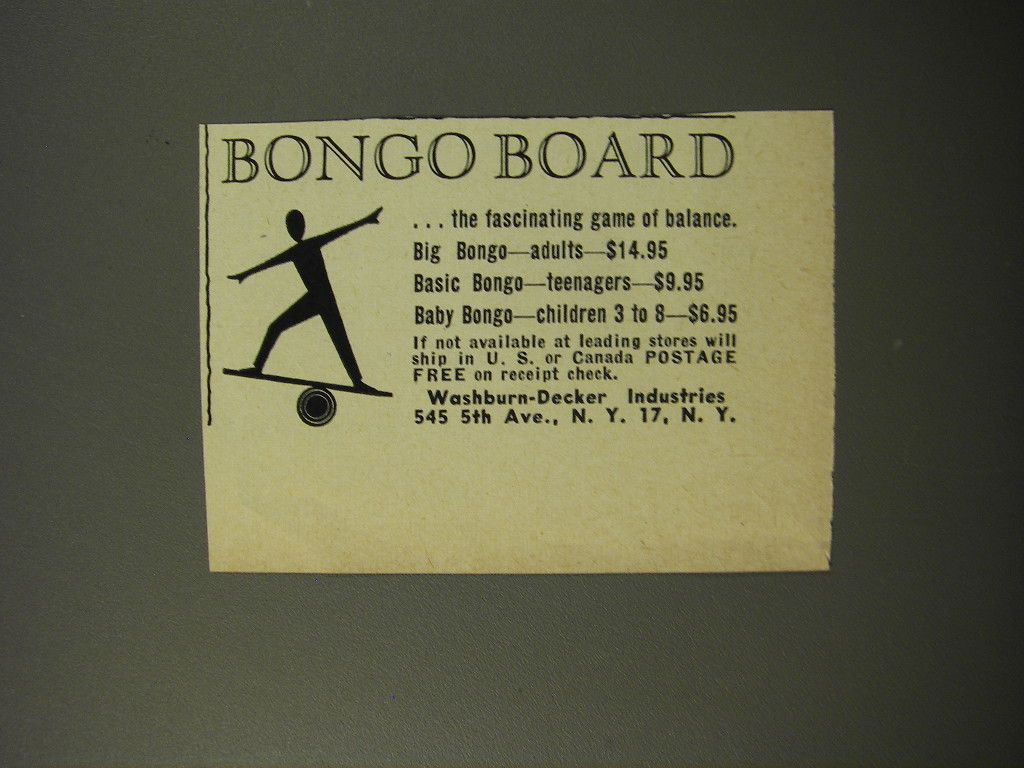 1954 Washburn-Decker Bongo Board Advertisement - $18.49