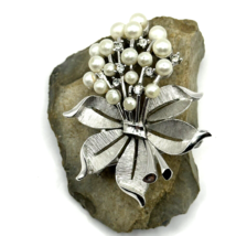 Crown Trifari Brooch Silver Tone Faux Pearl Rhinestone Pin Flower Bouque... - £18.83 GBP