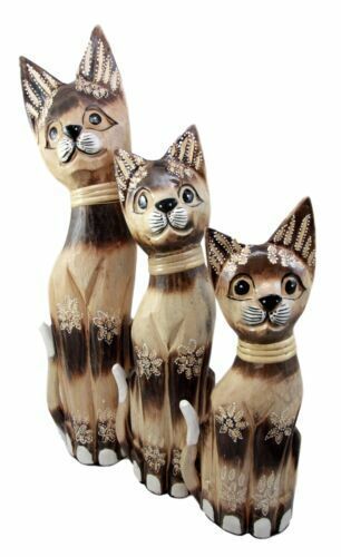 Balinese Wood Handicraft Striped Feline Cat Family Set of 3 Figurines 20&quot;H - $40.99