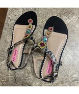 Betsey Johnson Aniston Beaded Animal Print Flat T Strap Sandals Womens 7... - $49.99