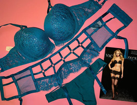 Victoria&#39;s Secret 32DDD,34D BRA SET+garter+thong Blue TEAL fishnet crystallized - £134.21 GBP