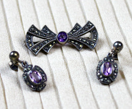 Art Deco Sterling Amethyst Set Brooch and Clip On Earrings Silver Marcasite - $98.99