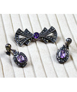 Art Deco Sterling Amethyst Set Brooch and Clip On Earrings Silver Marcasite - £77.89 GBP