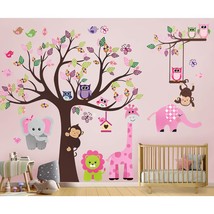 Kids Pink Jungle Theme Peel &amp; Stick Girl Nursery Wall Decal, Colorful Owl Giraff - £20.77 GBP