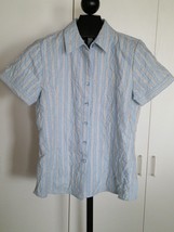 Denim &amp; Co. Ladies Ss Button Down TOP-S-COTTON/POLY-NWT-BLUE/FLORAL STRIPE-NICE - £3.97 GBP