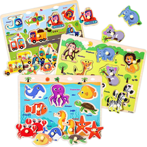 Wooden Peg Puzzles for Toddlers 2 3 4 Years Old, Kids Educational Preeschool Peg - £17.39 GBP