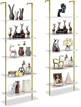 Wolawu 5 Tiers Ladder 2-Piece Shelf White Marble Modern Bookshelf Open Tall Wall - £103.65 GBP