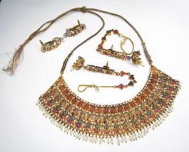 Estate India Gold Plated Genuine Emerald Sapphire Ruby Pearl Jewelry Set C1908 - £320.94 GBP