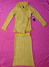 New 2 Pc Yellow Gold Stretch Knit Suit Long Sleeve Sweater Pencil Midi Skirt S - £16.06 GBP