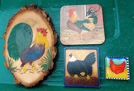 ~ Vintage Rustic Roosters Mixed Lot ~ Wood Rooster Plaque, Coaster &amp; 2 Magnets~ - £9.44 GBP