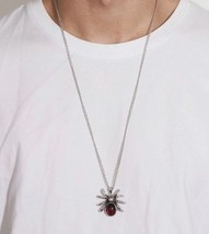 Silver Necklace with Red Crystal Spider Pendant Gothic - Halloween Jewellery - £9.64 GBP