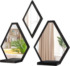 Geometric Rustic Wood Real Mirror With Shelf For Bedroom, Bathroom, Living Room, - £35.36 GBP