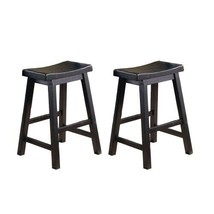 Black Finish 24-Inch Counter Height Stools Set Of 2Pc Saddle Seat Solid Wood - £125.76 GBP