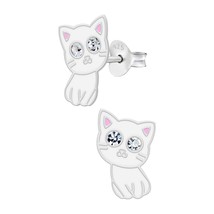 White Cat 925 Silver Stud Earrings with Crystals - £11.23 GBP