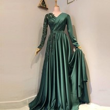 Evening Dresses Satin Arabic Dubai Dark Green Beading Applique Long Sleeve Prom  - £275.41 GBP