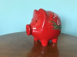 Vtg Germany Scheurich Red Glazed Pottery Piggy Bank 792, 8&quot;  Painted mushroom - £51.43 GBP